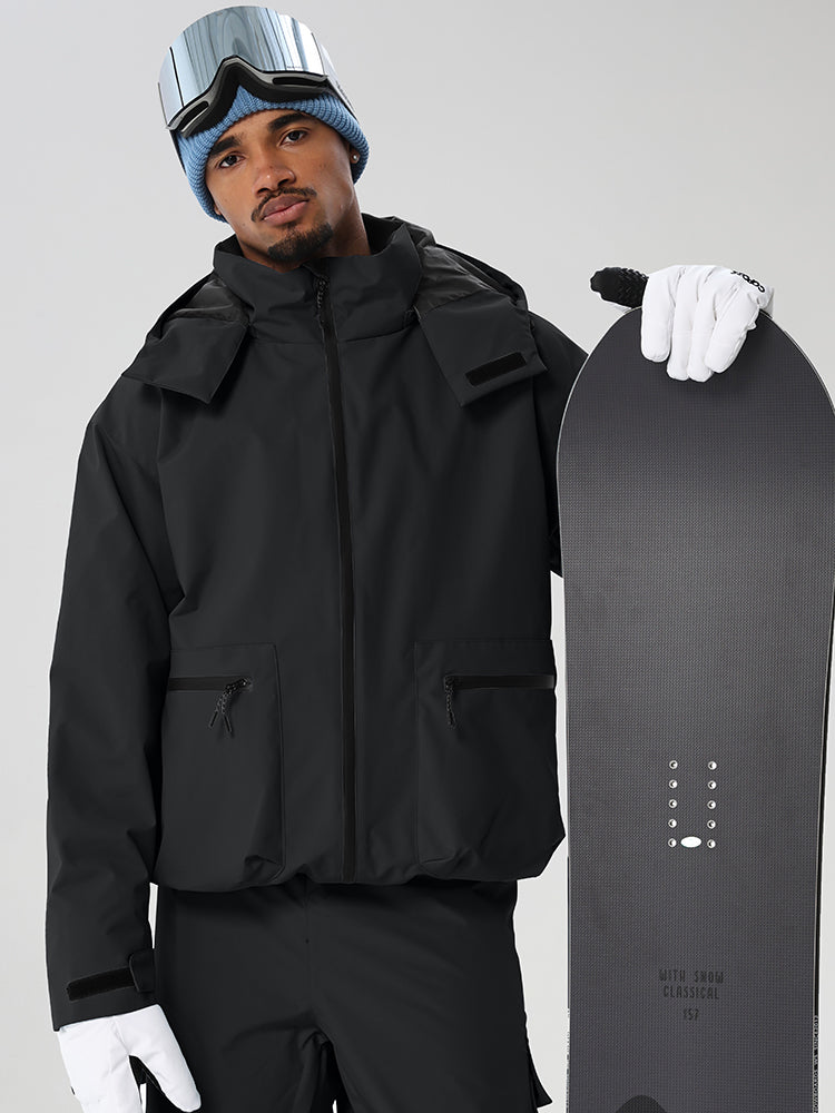 Black men's relaxed fit full-zip ski jacket - closed full-zip front with snowboard