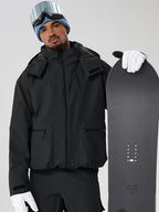 Black men's relaxed fit full-zip ski jacket - closed full-zip front with snowboard