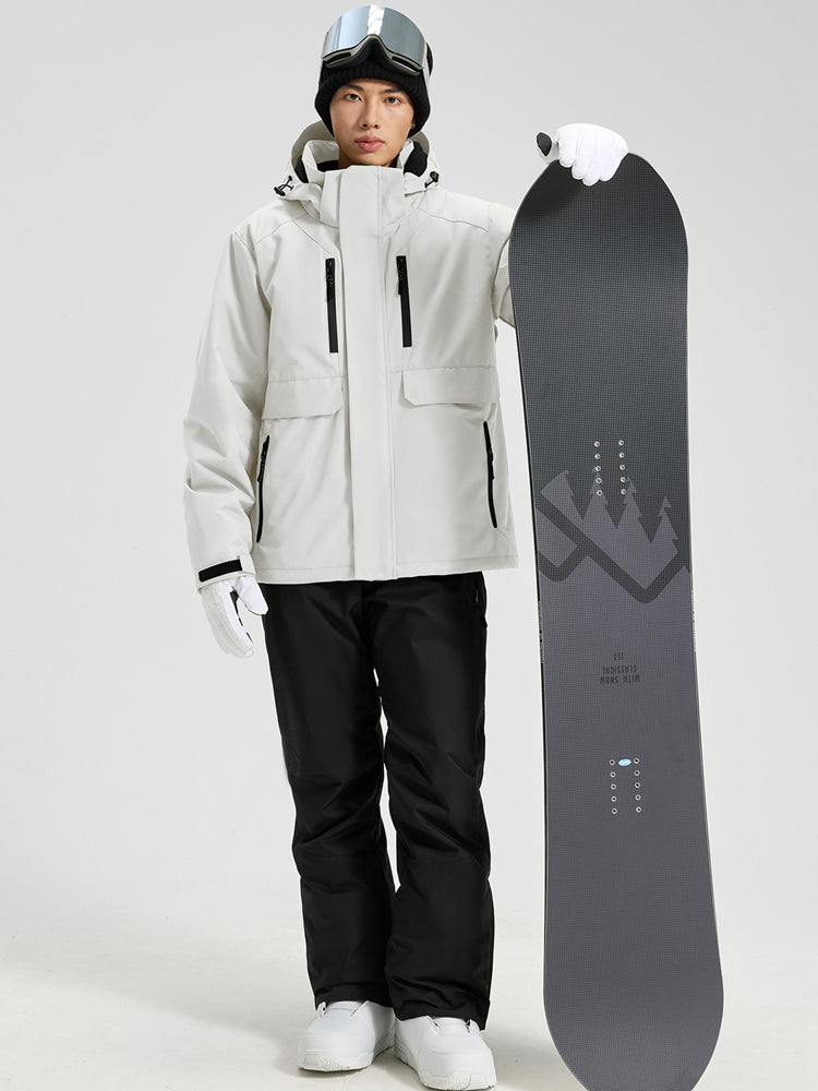 YEEFINE men's White cargo ski jacket and ski pants, posing with a snowboard, front view