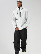 White men's full-zip ski jacket and black pants set - front outfit with chest zip pocket
