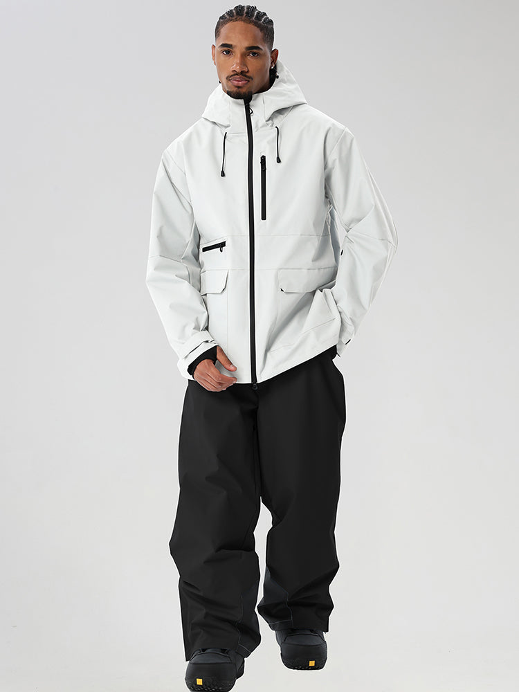 White men's full-zip ski jacket and black pants set - front outfit with chest zip pocket