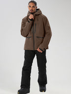 YEEFINE men's Brown jacket and black snow pants - front view with collar