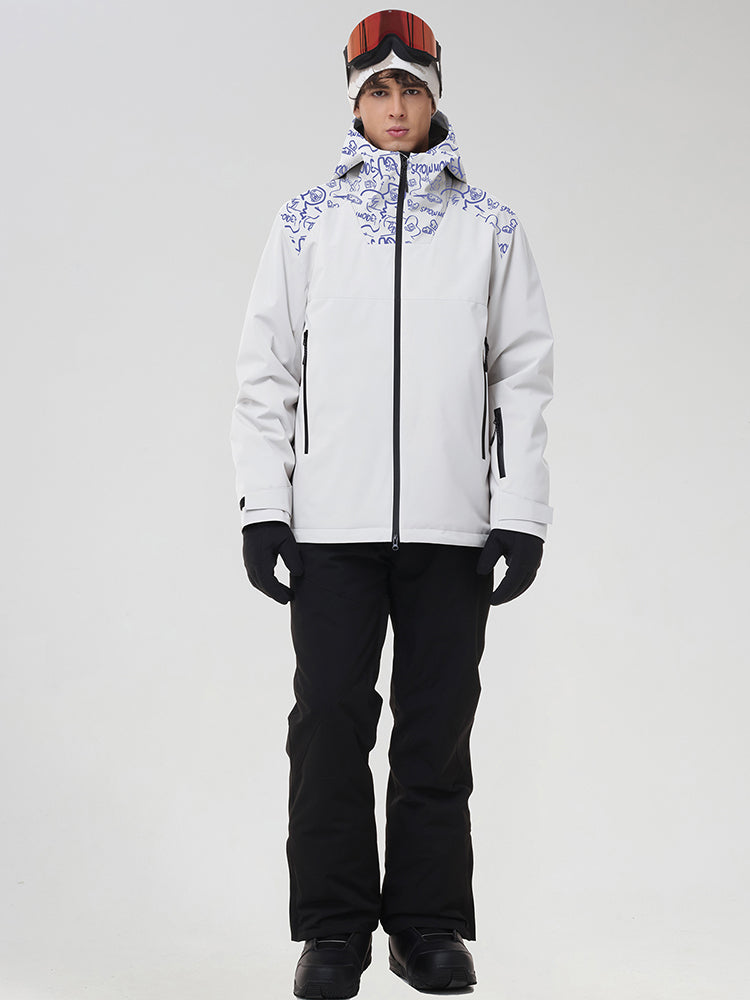 YEEFINE men's White graphic ski jacket and black pants, front view