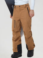 Men's insulated ski pants in Khaki worn with a snowboard