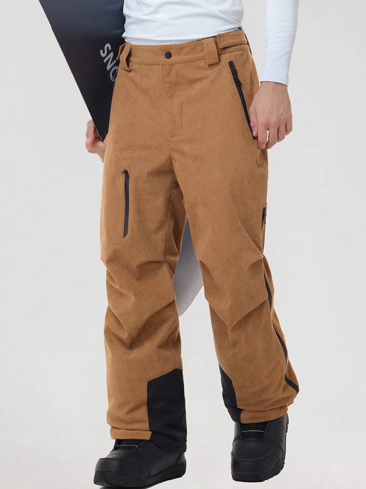 Men's insulated ski pants in Khaki worn with a snowboard