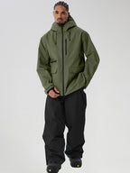 Army Green men's full-zip ski jacket and black pants set - full outfit with chest pocket