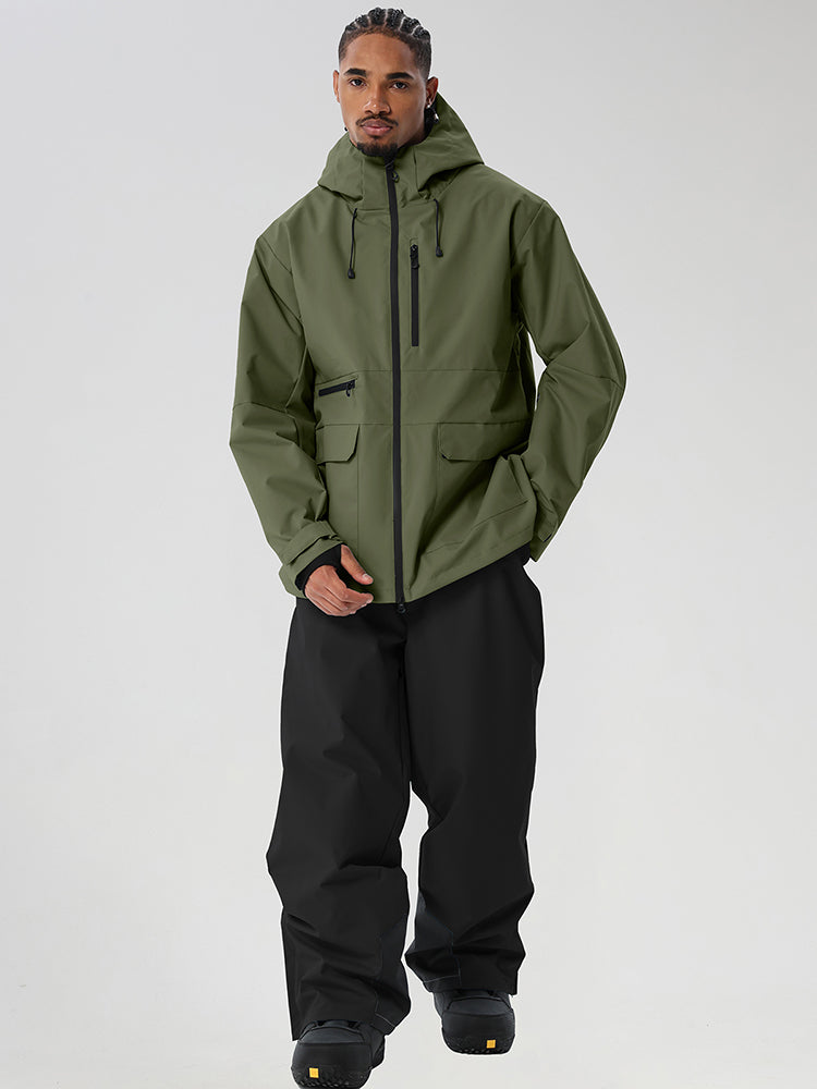Army Green men's full-zip ski jacket and black pants set - full outfit with chest pocket