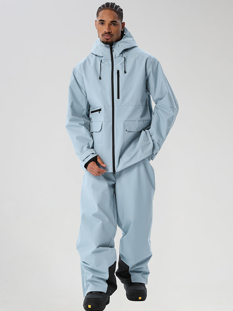 Light Blue men's full-zip ski jacket and light blue pants set - matching outfit front view