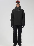 YEEFINE men's Black graphic ski jacket and black pants, front view