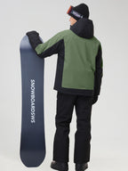 Men's army green and black ski jacket set, back view with a snowboard