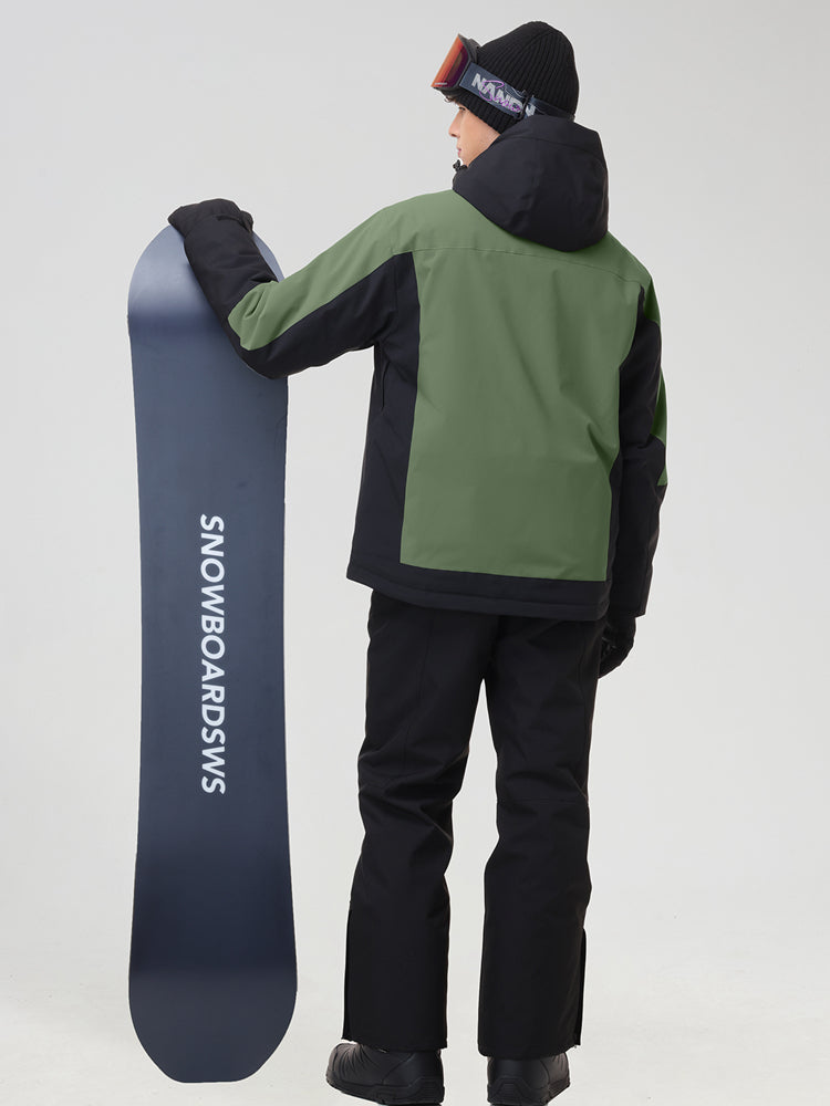 Men's army green and black ski jacket set, back view with a snowboard