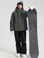 YEEFINE men's Dark Grey cargo jacket and ski pants, posing with a snowboard, front view