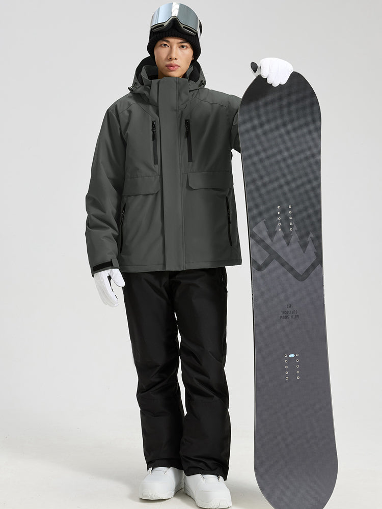 YEEFINE men's Dark Grey cargo jacket and ski pants, posing with a snowboard, front view