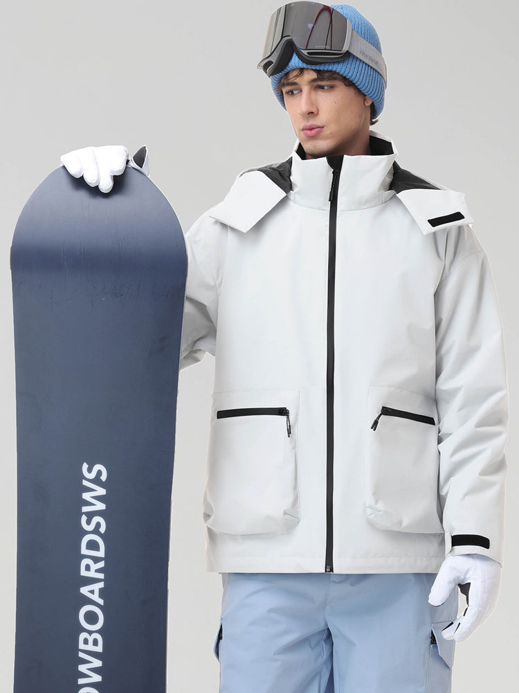 Men's White Hooded Cargo Pocket Snowboard Jacket - Model Holding Snowboard
