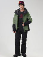 Men's army green color-block ski jacket with black snow pants, front view