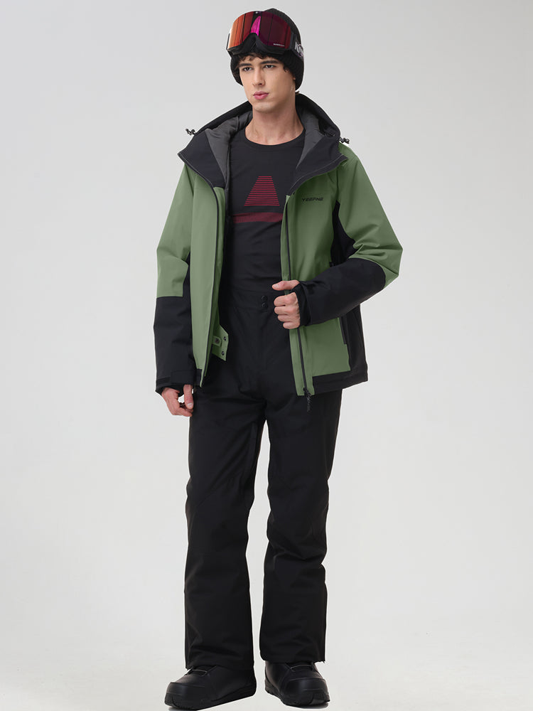 Men's army green color-block ski jacket with black snow pants, front view