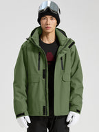 YEEFINE men's Army Green cargo ski jacket, open front detail