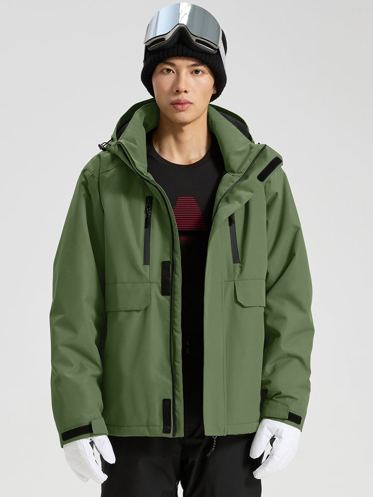 YEEFINE men's Army Green cargo ski jacket, open front detail