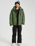 YEEFINE men's Army Green cargo ski jacket and black ski pants with suspenders, front view