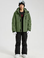 YEEFINE men's Army Green cargo ski jacket and black ski pants with suspenders, front view