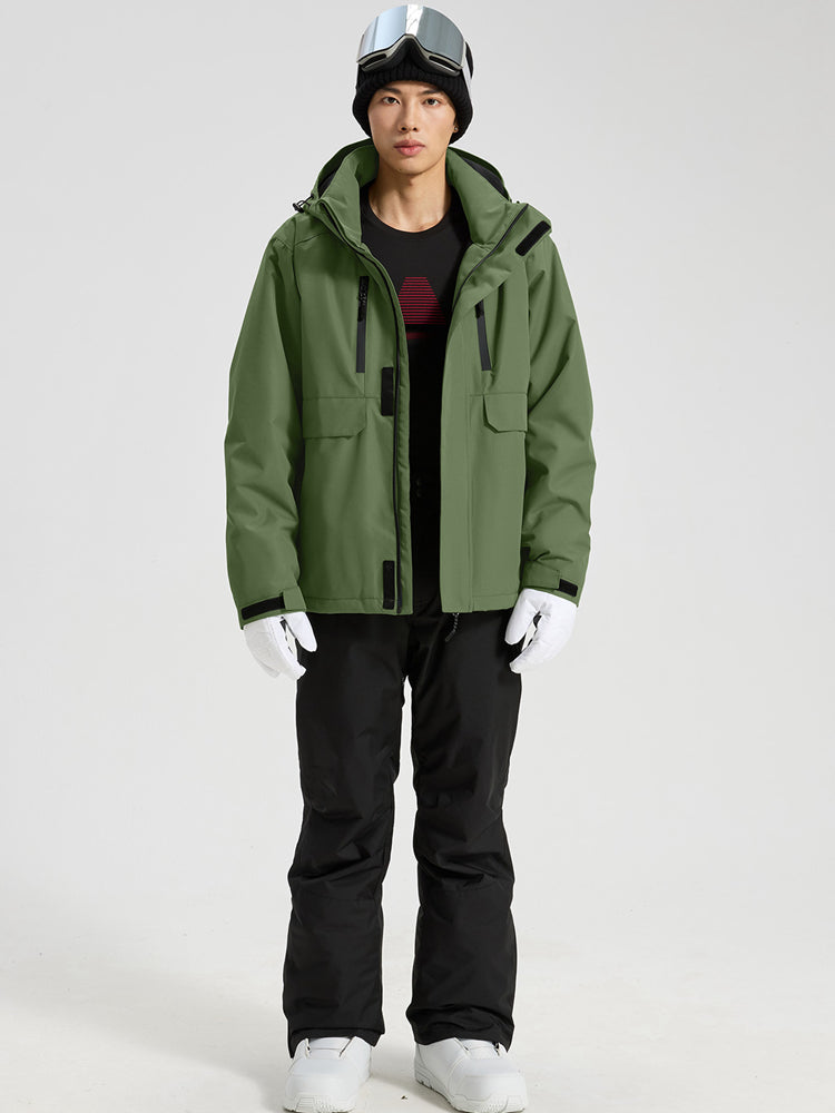 YEEFINE men's Army Green cargo ski jacket and black ski pants with suspenders, front view