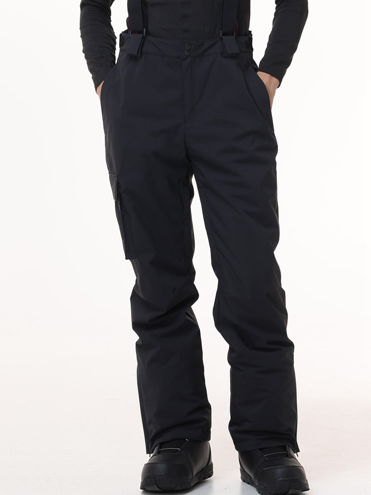 Men's black bib snow pants with adjustable shoulder straps, front view