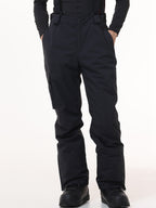 Men's black bib snow pants with adjustable shoulder straps, front view