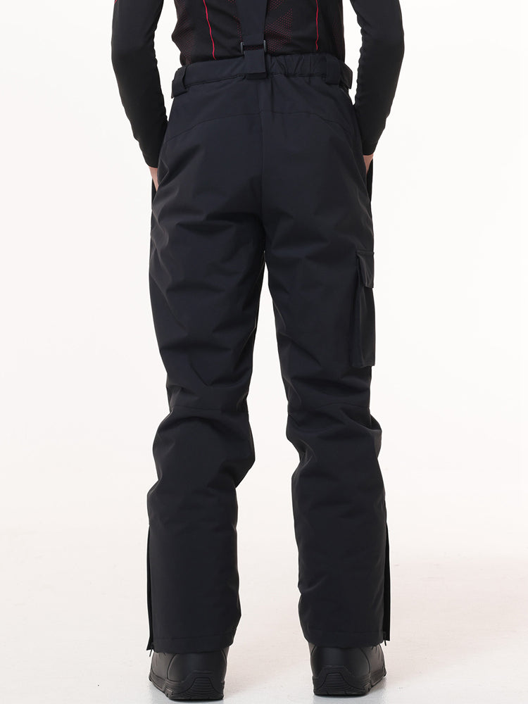 Men's black bib snow pants with crossover back straps, rear view