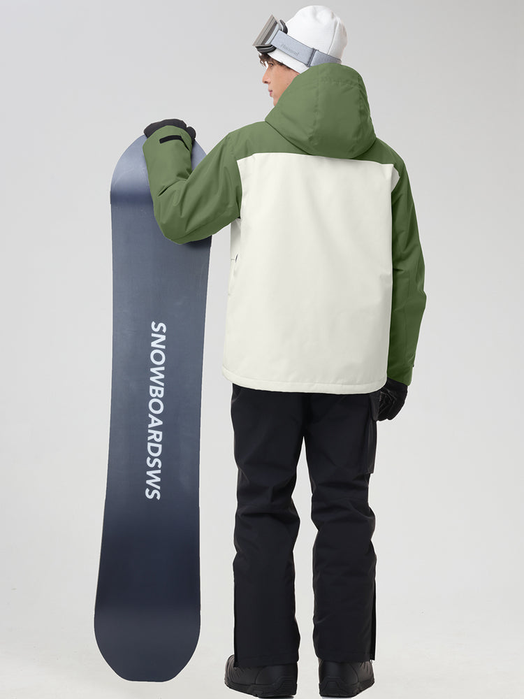 Men's army green ski suit back view, holding a snowboard