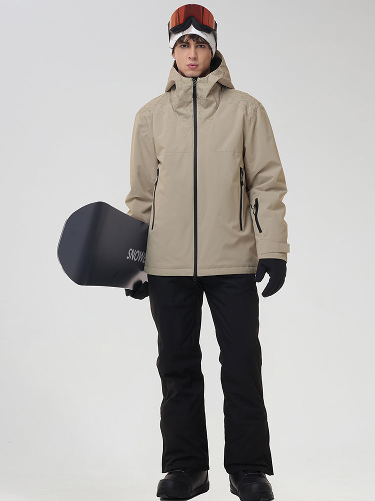 YEEFINE men's Khaki graphic ski jacket and black pants with snowboard