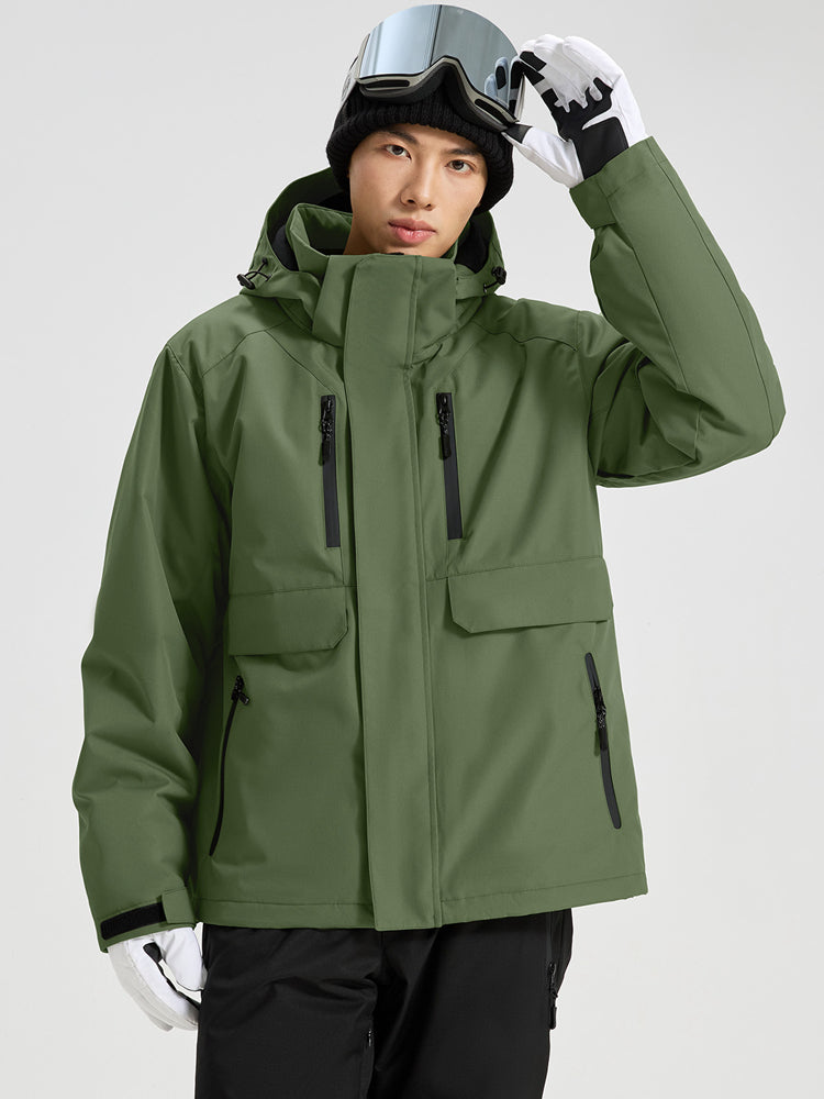 YEEFINE men's Army Green ski jacket, closed hood and collar detail
