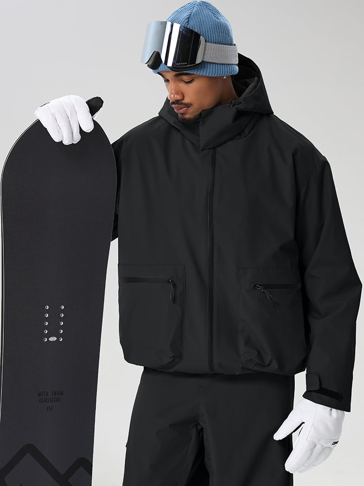 Black men's relaxed fit full-zip ski jacket - front view with snowboard