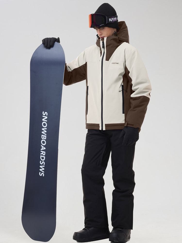 Men's beige color-block ski jacket and snow pants, holding a snowboard