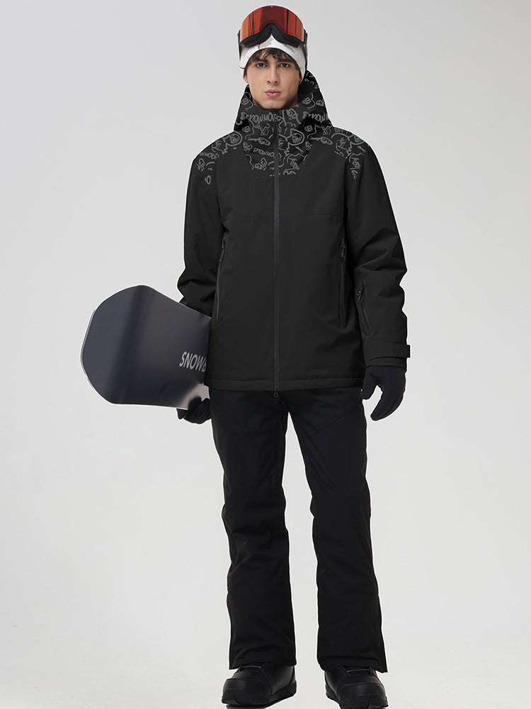 YEEFINE men's Black graphic ski jacket and pants, front view with snowboard