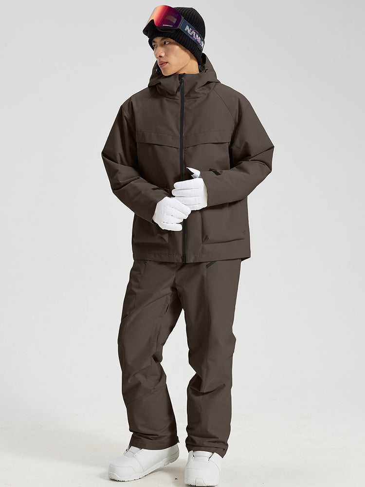 Men's brown snowboard jacket and pants set three-quarter view