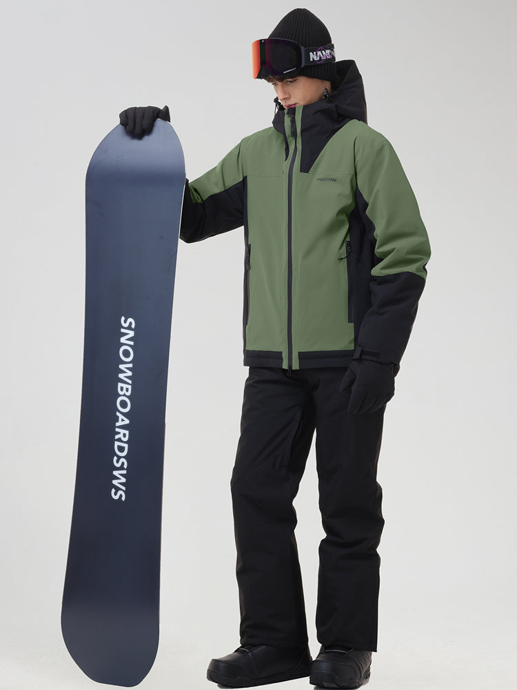 Men's army green color-block ski jacket and snow pants, holding a snowboard