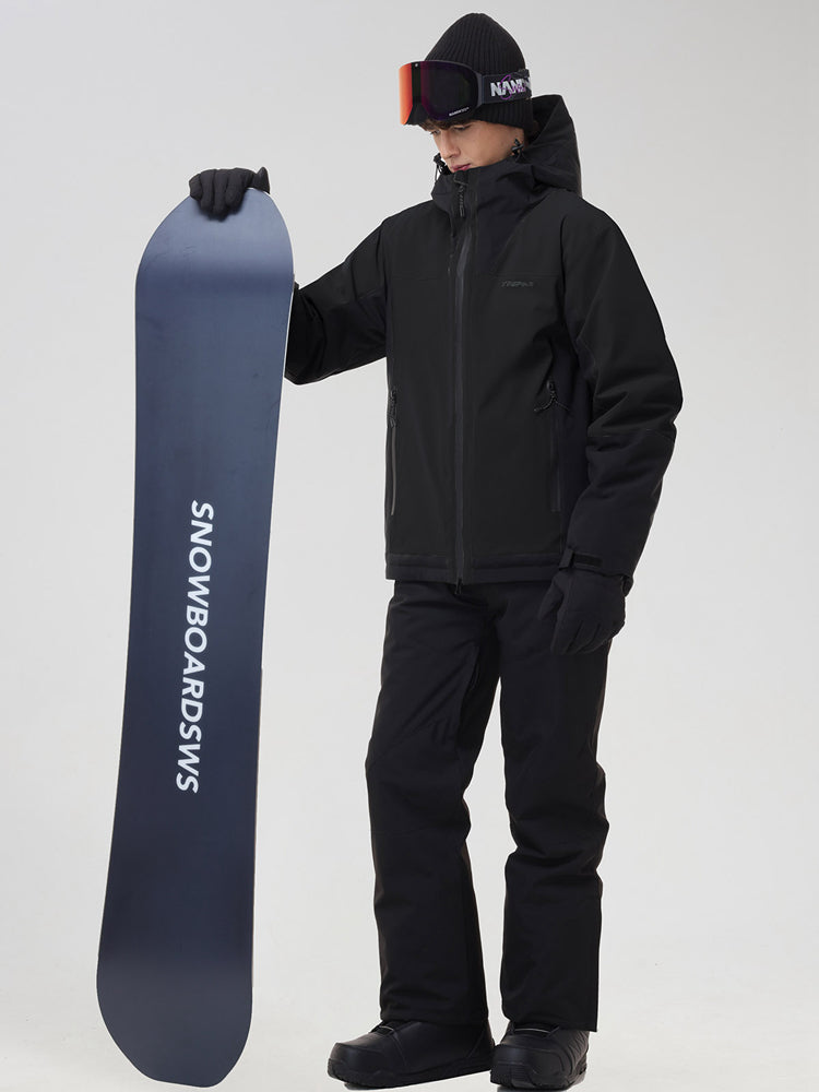 Men's black ski jacket and snow pants set, holding a snowboard