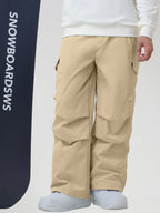 Men's Baggy Cargo Pocket Ski Pants in Khaki - Back View with Snowboard