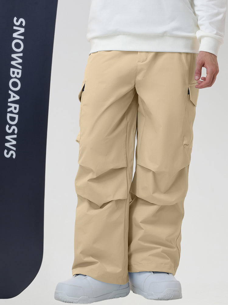 Men's Baggy Cargo Pocket Ski Pants in Khaki - Back View with Snowboard