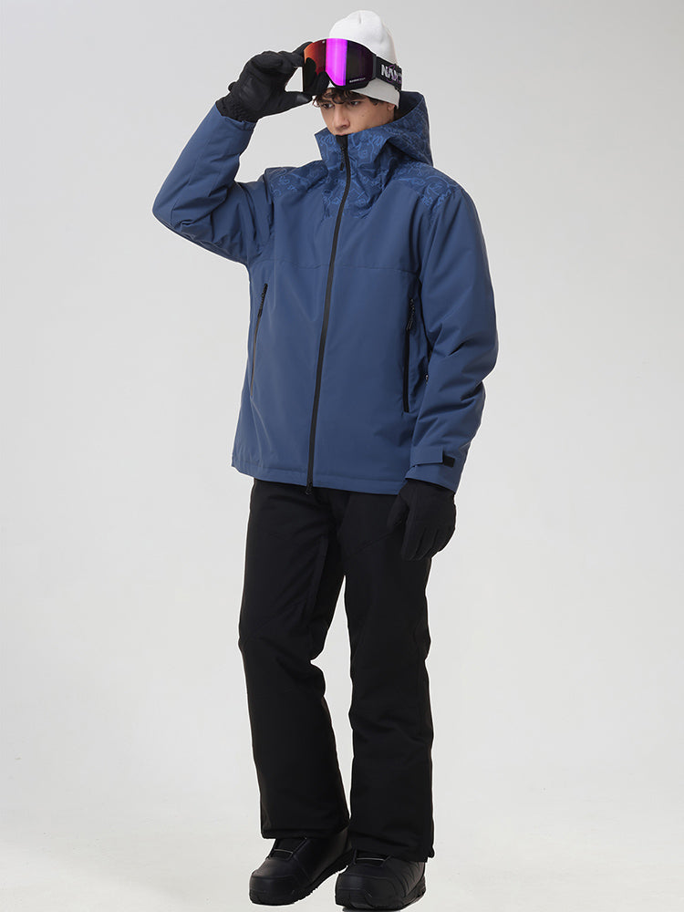 YEEFINE men's Navy graphic hooded ski jacket and pants, posing with goggles