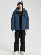 YEEFINE men's Navy cargo ski jacket and black ski pants with suspenders, front view