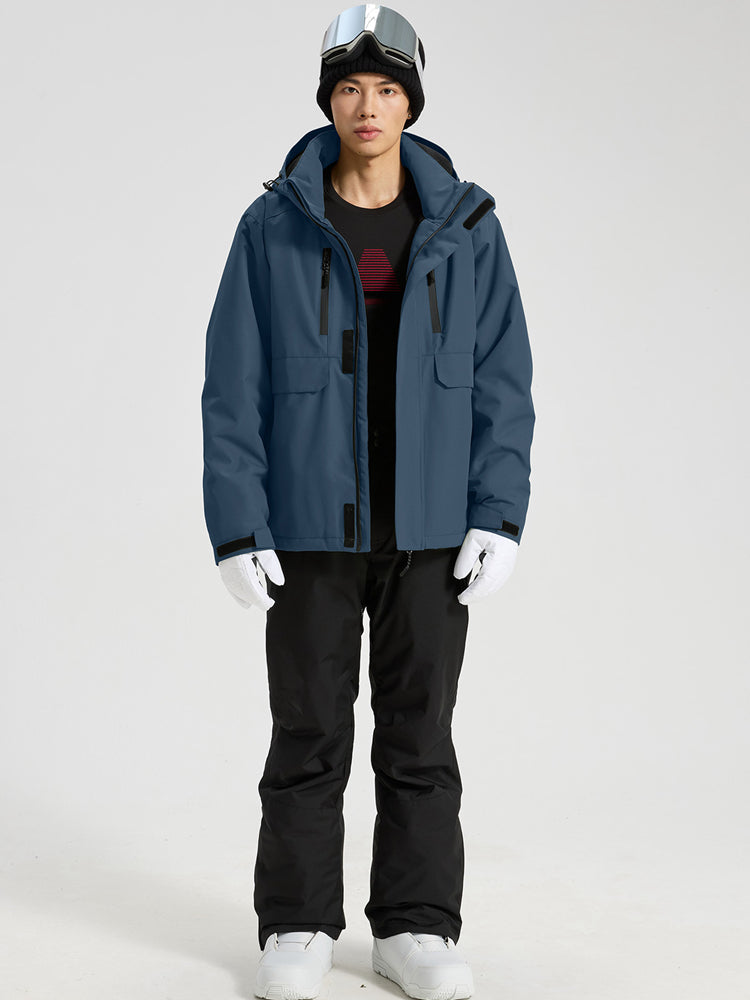 YEEFINE men's Navy cargo ski jacket and black ski pants with suspenders, front view