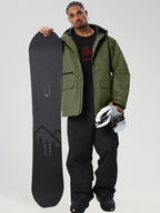 Army Green men's full-zip ski jacket and black pants set - open jacket with snowboard
