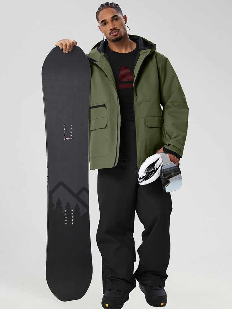 Army Green men's full-zip ski jacket and black pants set - open jacket with snowboard