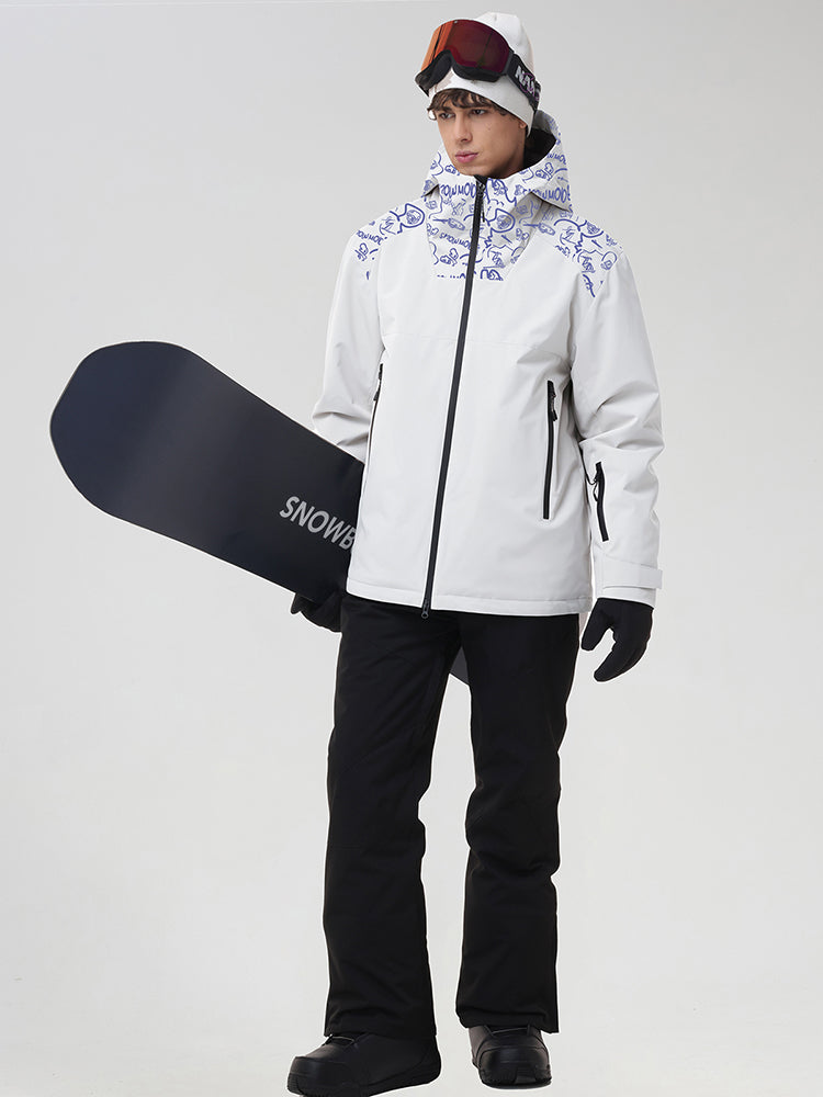 YEEFINE men's White graphic ski jacket and black pants, angled view with snowboard
