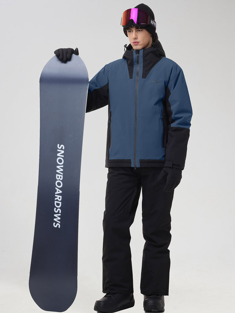 Men's blue ski jacket and black snow pants set, holding a snowboard