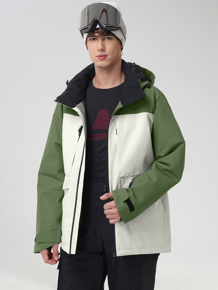 Men's army green color-block ski jacket worn open over a base layer, close view