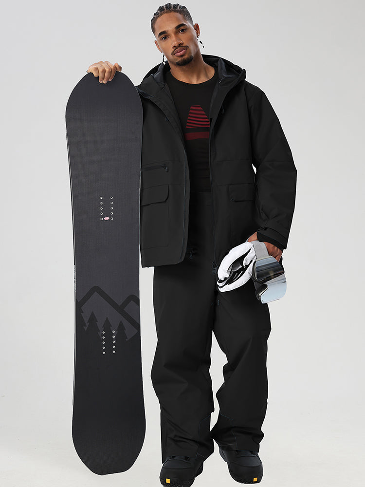 Black men's full-zip ski jacket and black pants set - open jacket with snowboard