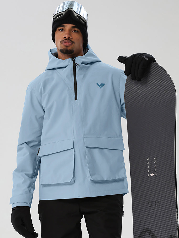 Light Blue men's half-zip ski anorak with cargo pockets - with snowboard