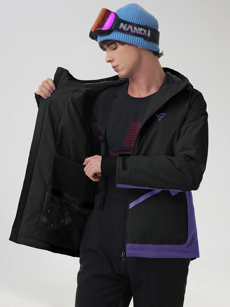 Men's black ski jacket open to show the inner powder skirt